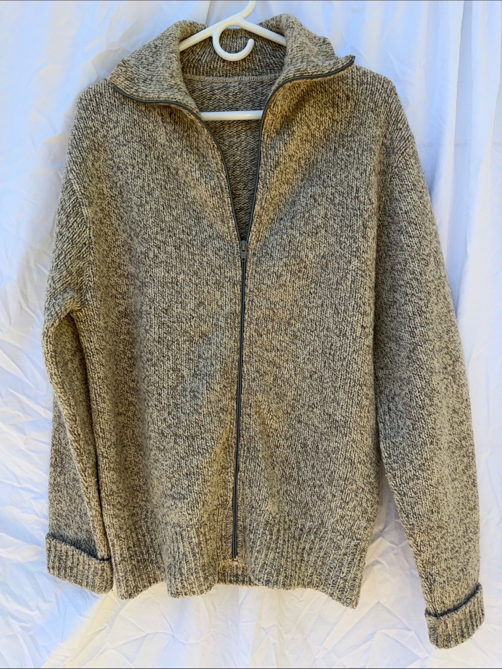 Vintage 70s Full Zip Chunky Wool Cardigan Sweater Marled Oat Gray Cardicoat